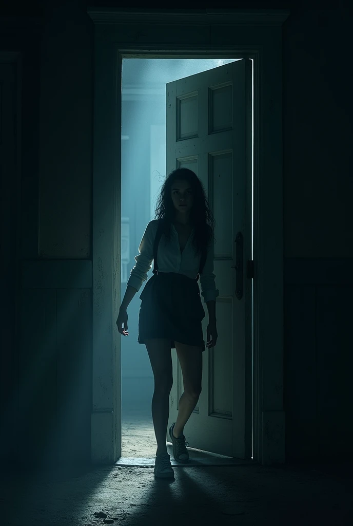 Entering the house: Lily pushing open the front door with a flashlight beam cutting through the darkness.