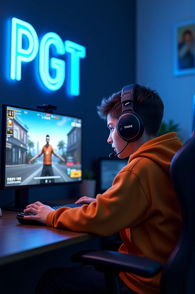 Create A 3D Realistic image of a Boy sitting in gaming room on gaming chair and playing on Free Fire application on his pc. The boy must wear dark orang hoodie headphones And his name PGT GAMING name" is Written on the wall with blue colour neon light.