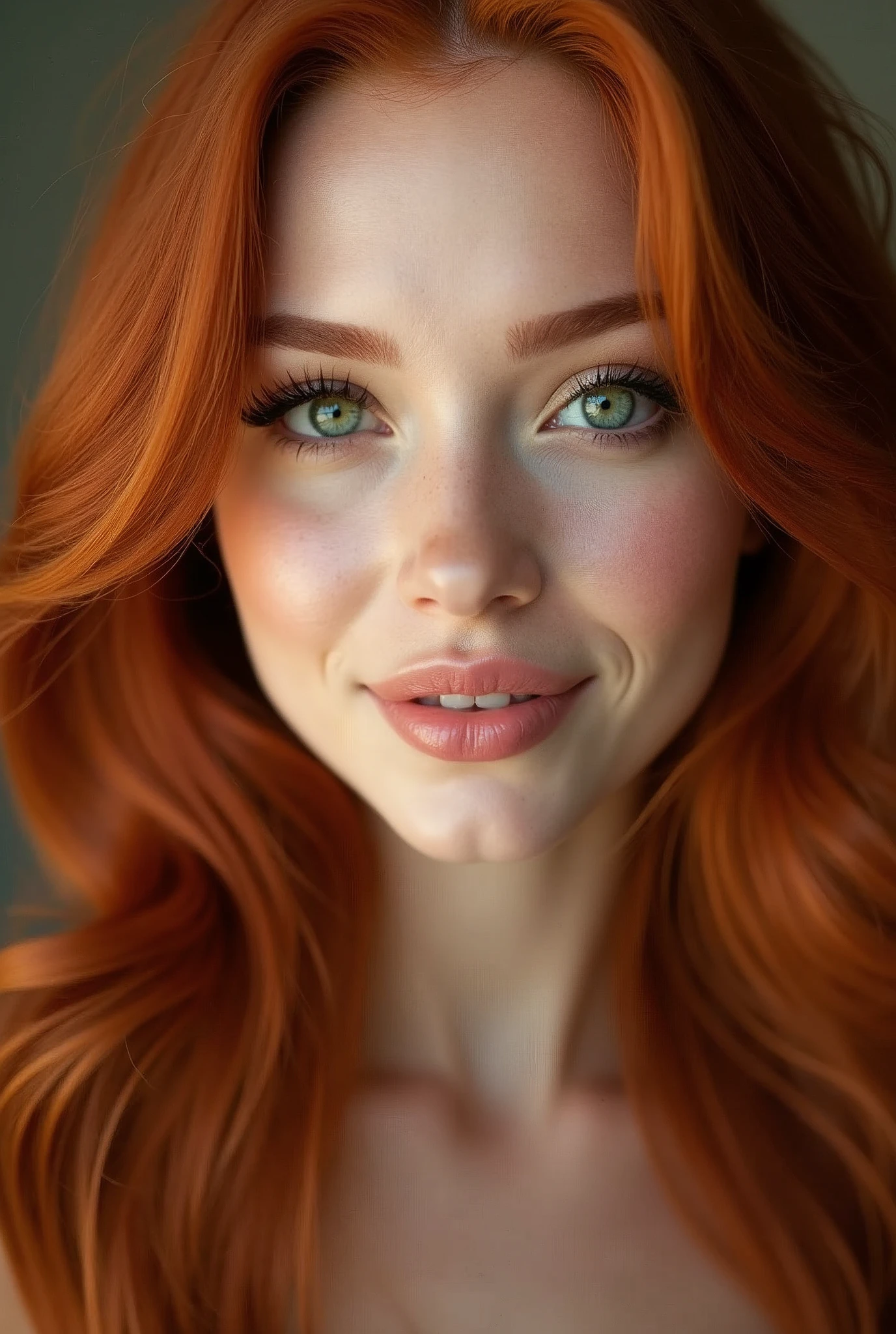 Imagine a woman with a face that exudes a striking and captivating beauty. Her eyes are a vivid, enchanting green, like emeralds glistening in the sunlight, with a depth that draws you in. They are framed by long, dark lashes that accentuate their brilliance. Her skin is porcelain-like, with a soft, flawless complexion that gives her an ethereal, almost delicate appearance. Her hair is a rich, fiery red, cascading down in soft, loose waves that catch the light and seem to shimmer with every movement. The red tones contrast beautifully with her fair skin and make her green eyes stand out even more. Her eyebrows are perfectly arched, matching the hue of her hair, and add a sense of balance and symmetry to her face. Her lips are full and naturally rosy, curving into a gentle, inviting smile that radiates warmth and kindness. Her cheekbones are high and well-defined, adding a sense of structure and elegance to her face. The overall effect is one of stunning, timeless beauty, a face that you would remember and admire long after seeing it.r, ( green eyes , skin matches the hair )
