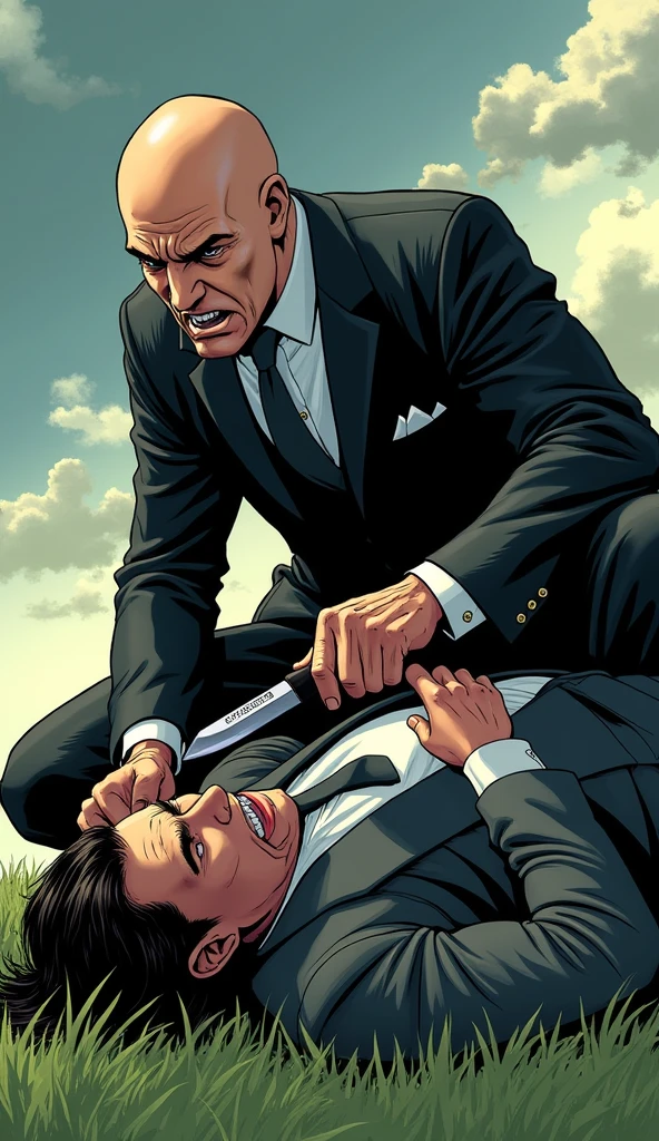 Create a dynamic and intense thumbnail featuring two characters in a dramatic scene. One character, a strong-looking bald man in a suit, is holding a knife and angrily pressing down on the other character, who is lying on the ground with a pained but defiant expression. The background shows a cloudy sky and green grass, enhancing the tension in the scene. The overall mood should be intense, with high contrast and vivid colors to grab attention."
