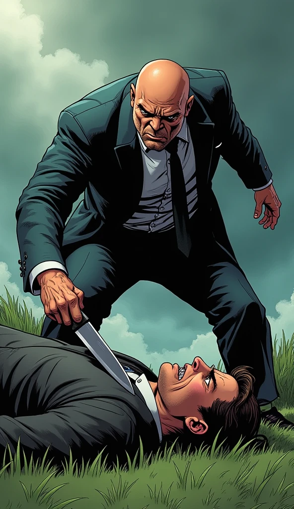 Create a dynamic and intense thumbnail featuring two characters in a dramatic scene. One character, a strong-looking bald man in a suit, is holding a knife and angrily pressing down on the other character, who is lying on the ground with a pained but defiant expression. The background shows a cloudy sky and green grass, enhancing the tension in the scene. The overall mood should be intense, with high contrast and vivid colors to grab attention."