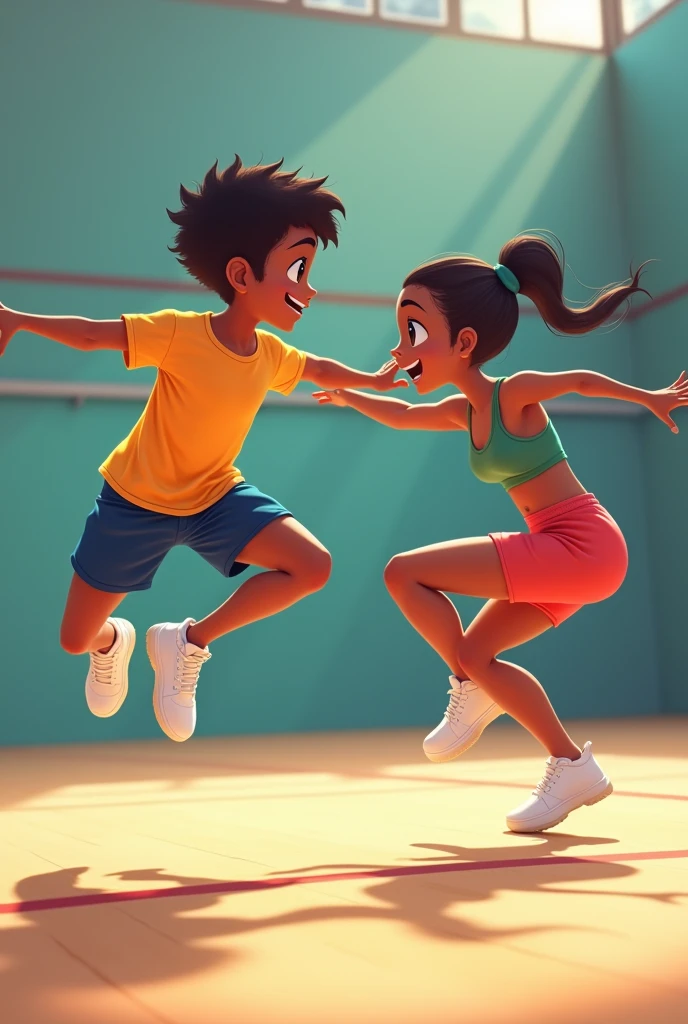 One african boy with curly hair and one indian girl doing Aerobic Gymnastics in a squash court and wearing sportswear and white rubber shoes. Anime style.