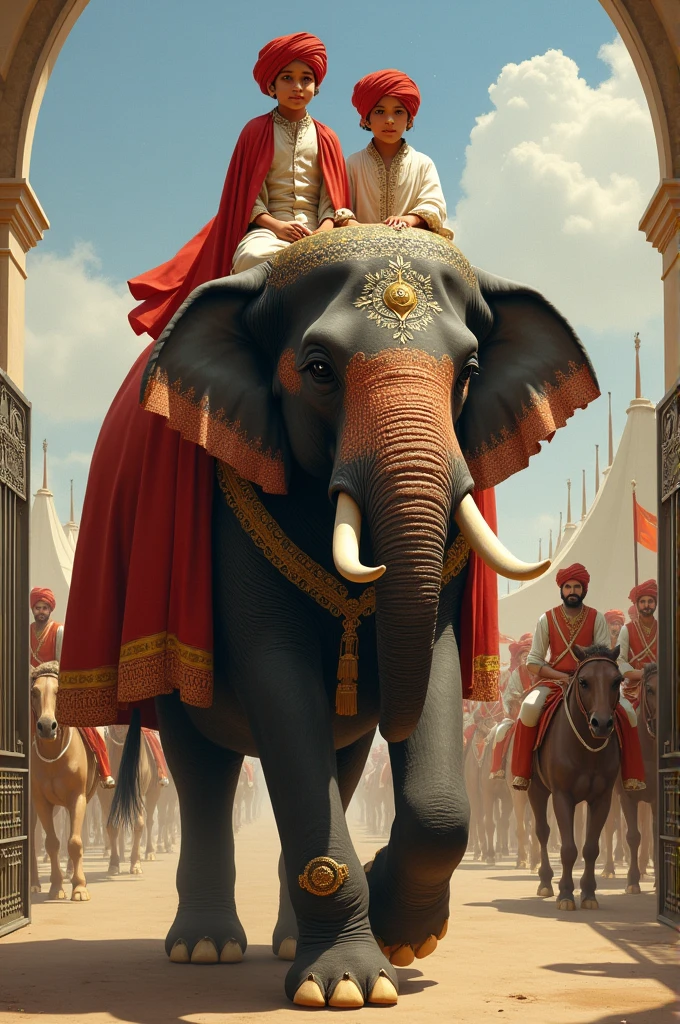 Two young male children of Tipu Sultan wearing red turbans and white silky gowns of the 18th century costumes sitting on back of a gigantic elephant in a decorated silver Hooda. A old mahooth sitting on the head of the elephant is controlling and coming out of the gates of Srirangapatna. Tipu Sultan's cavalry and camel mounted soldiers are following them as part of the Cornwallis the Governor general of India along with other officers of the East India company are waiting outside their tents to receive the children