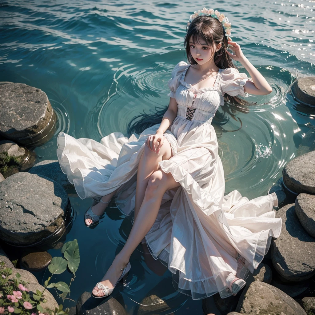 ta fashion, lolilong dress, short sleeves, water, heels, masterpiece, High Resolution, 1girl, solo, breasts, swimming in the water, wet