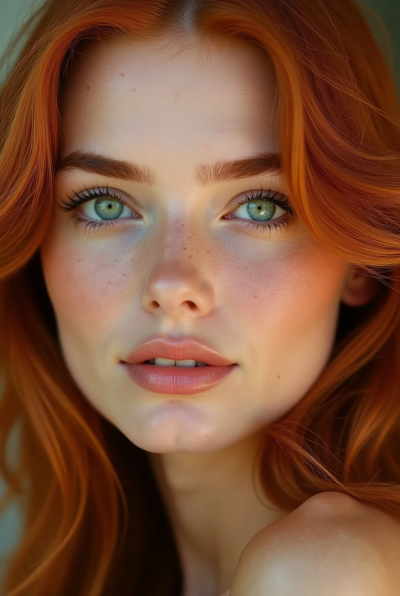 A red-haired female influencer with green eyes, an innocent look and full lips. freckles on her cheeks. No glasses. Sexy. attractive. Only her face in 8k. very detailed,