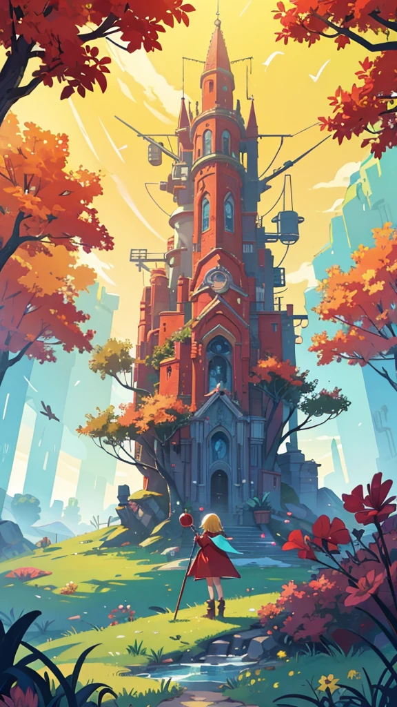 Fantasy world. Colorful and sunny day. We see a Big tree that sprouted from an old rusty combat robot. In front of the tree sits a silhouette of a young sorceress in a red robe with a staff