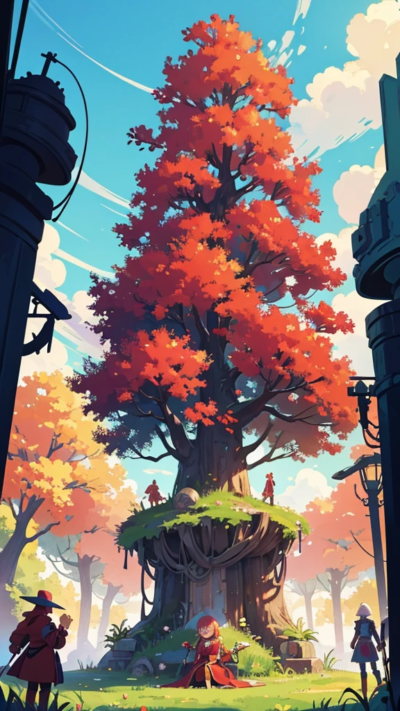 Fantasy world. Colorful and sunny day. We see a Big tree that sprouted from an old rusty combat robot. In front of the tree sits a silhouette of a young sorceress in a red robe with a staff