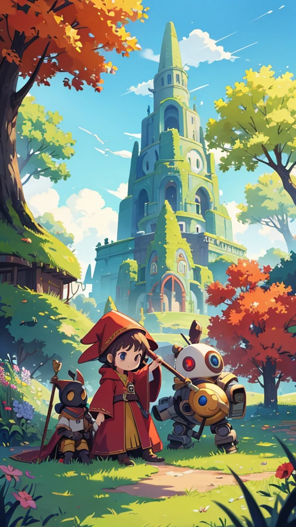 Fantasy world. Colorful and sunny day. We see a Big tree that sprouted from an old rusty combat robot. In front of the tree sits a silhouette of a young sorceress in a red robe with a staff