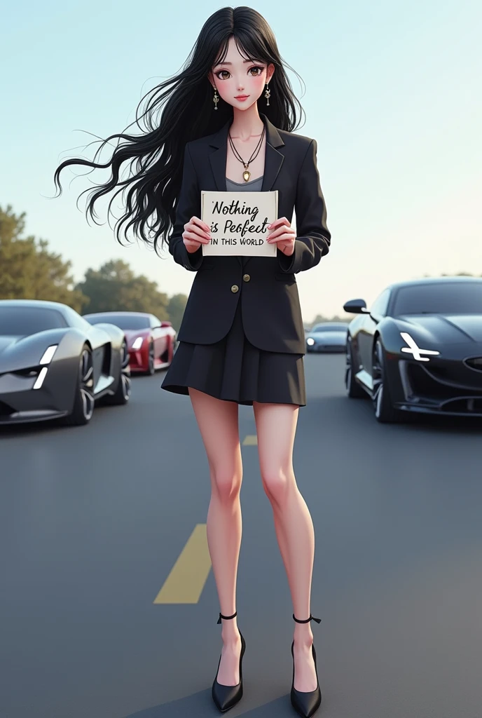 ((best quality)), ((masterpiece)), (detailed), Create an image of a 17-year-old individual standing confidently on a long road with sleek, high-tech cars in the background. The person should be 5.0 feet tall with white skin and deep black eyes. They should have long, flowing black hair styled elegantly. Dress them in modern, stylish clothing, including a beautiful necklace and matching earrings. The shoes should be trendy and visually striking. The individual is holding a small piece of paper with both hands, which prominently displays the text “Nothing is Perfect in This World” in big, handwritten font. They should have a slight smile on their face. The background should be a long, straight road with futuristic cars and a clear sky, emphasizing a sophisticated and contemporary atmosphere.