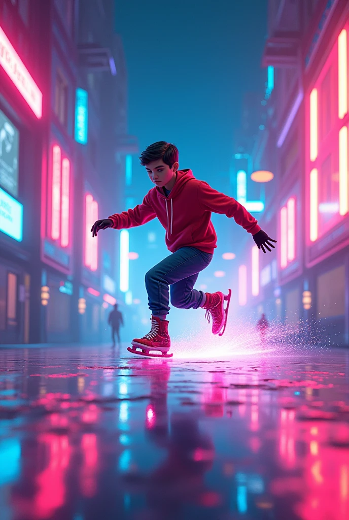 Image of an animated young man skating in the 80s in purple vaporwave style but without showing his face
