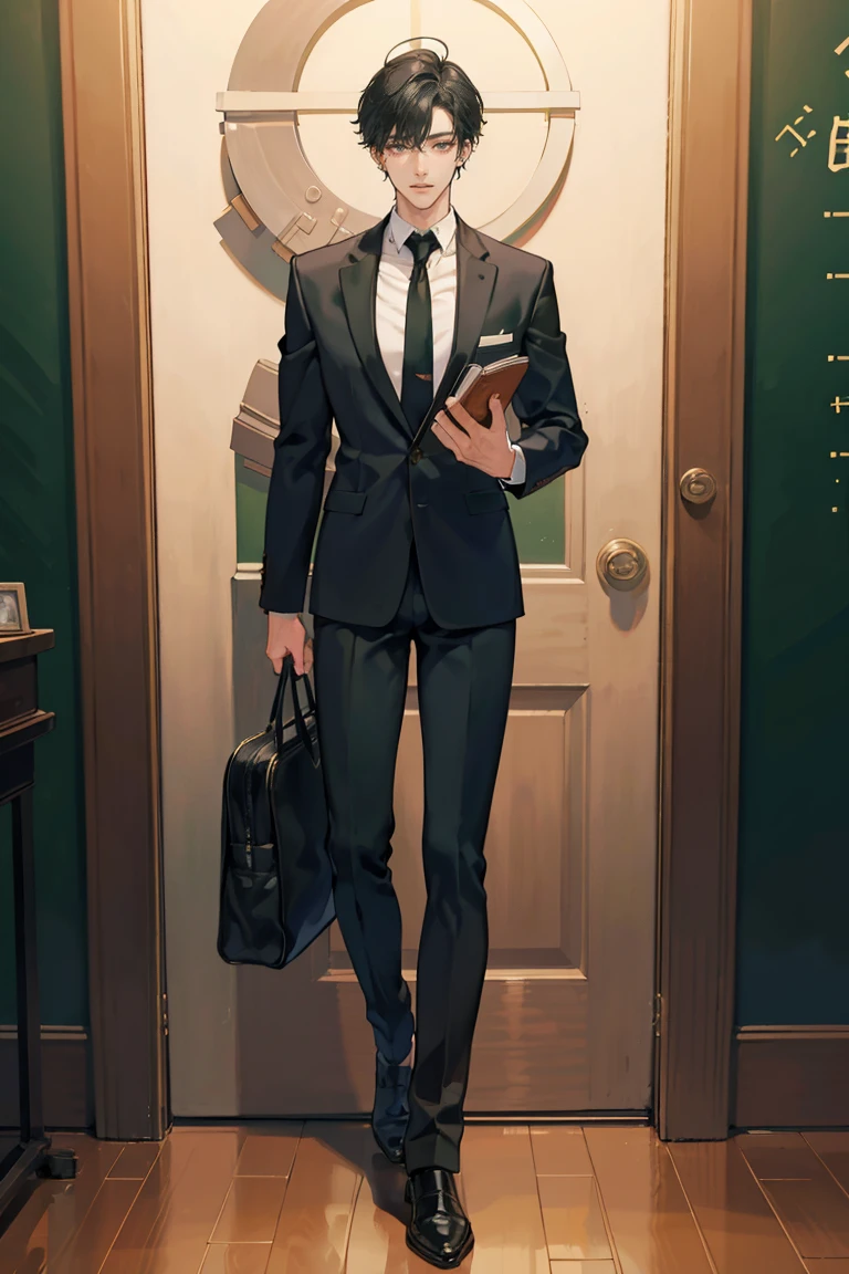 (masterpiece), best quality, seductive eyes, perfect face, handsome man, dark black eyes, messy short length black hair, brown skin, long nose, teacher uniform, black necktie, full body, he's a teacher, extremely tall man, long legs, long calves, anime cover, 1boy, ear piercings, adult-like look, manhwa character, male teacher, school background, he's standing and leaning on the wall with a green blackboard in the background and he's reading a book with his right hand
