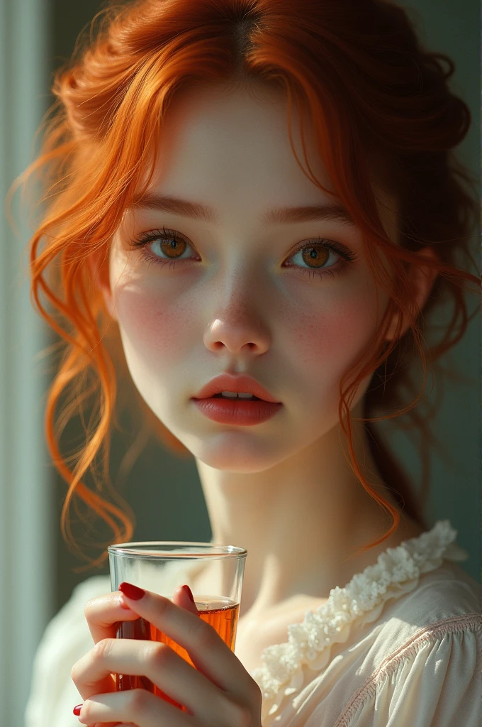 honey-eyed girl with red hair holding a glass