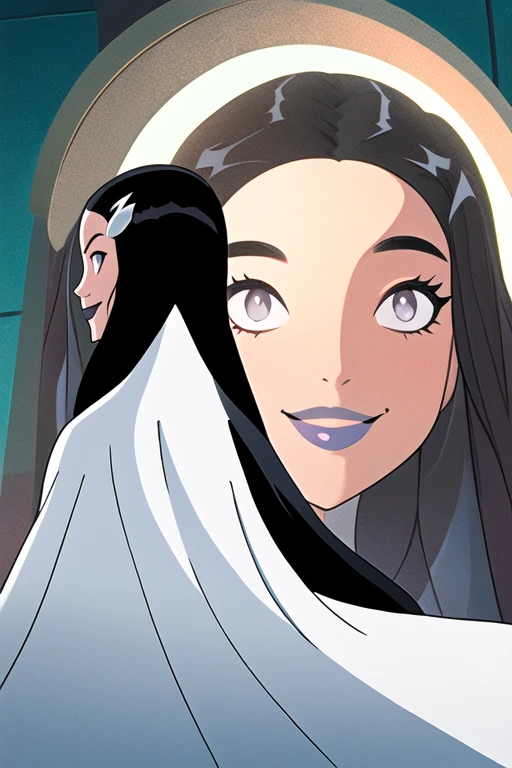 Tinya Wazzo, solo,black hair, long hair. grey eyes, smile, grey lips, white cape, best quality, masterpiece, 1girl, Masterpiece, Best Quality, Detail, room, From Behind, From Below, cape in front, Zoom Layer, 