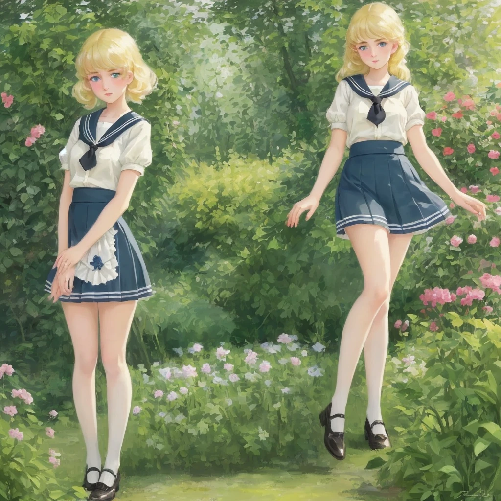 3 girls, long hair, Big , Blushing, blond, Green-eyed sailor suit short skirt 1933 style cute and beautiful girl 18 years old in the garden beautiful long legs high resolution, best quality, masterpiece, Lift skirt mini skirt