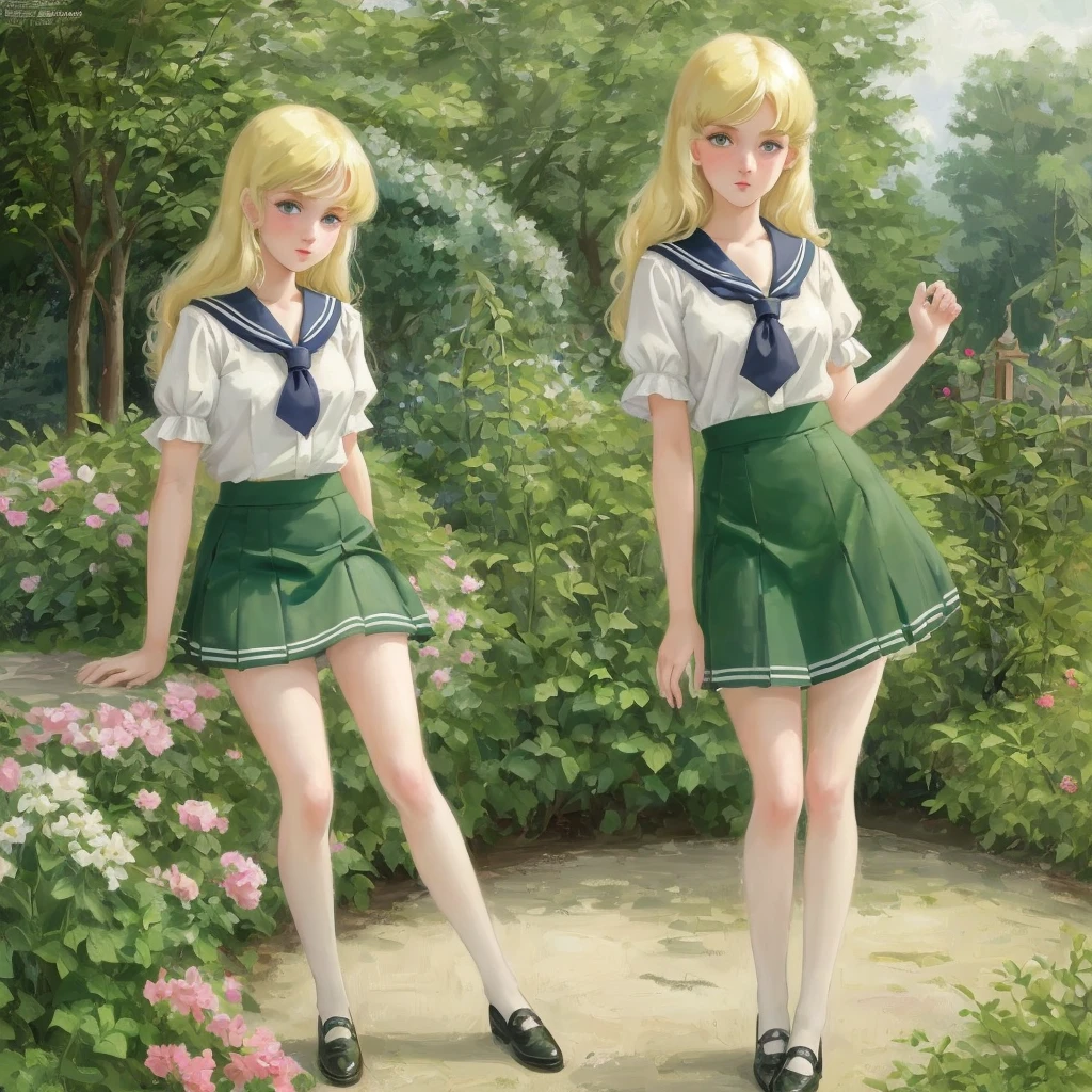 3 girls, long hair, Big , Blushing, blond, Green-eyed sailor suit short skirt 1933 style cute and beautiful girl 18 years old in the garden beautiful long legs high resolution, best quality, masterpiece, Lift skirt mini skirt