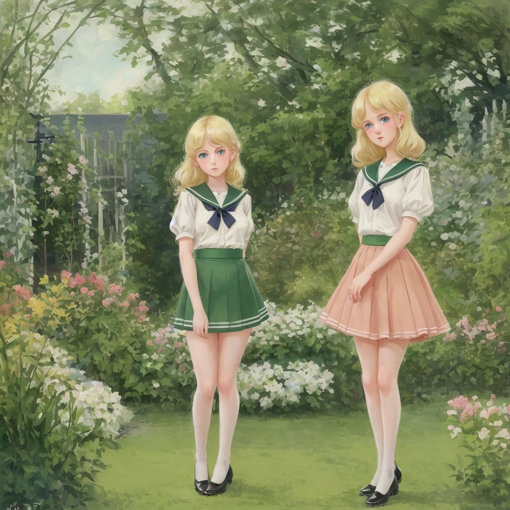 3 girls, long hair, Big , Blushing, blond, Green-eyed sailor suit short skirt 1933 style cute and beautiful girl 18 years old in the garden beautiful long legs high resolution, best quality, masterpiece, Lift skirt mini skirt