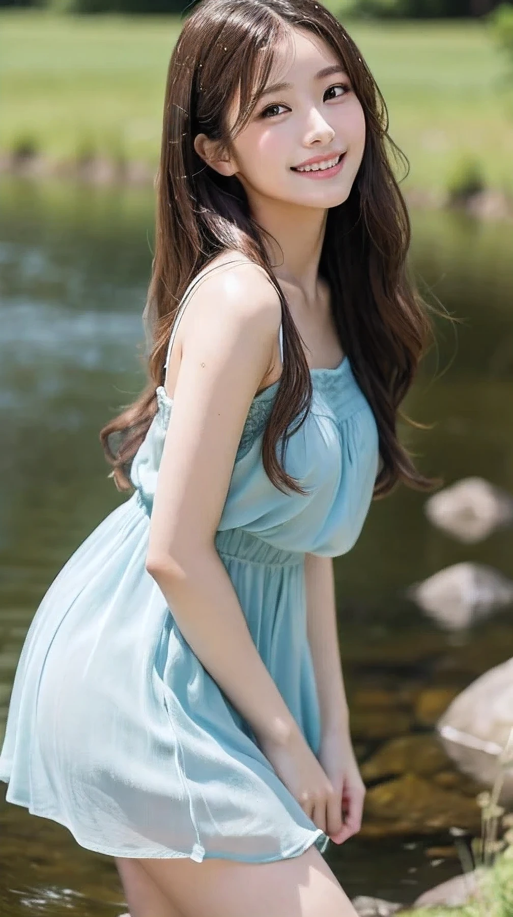 Highest quality、Very detailed,、finely、High resolution、Beautiful Ideas Long Hair、Hair blowing in the wind、Brunette Hair、Standing in a stream、19-year-old beauty、Photographed from the knees up、Cute Smile、Face Light、Sheer pastel blue camisole、eight-headed body、Beautiful woman、gravure、Sexy pose、Beautiful Skin、Japanese women