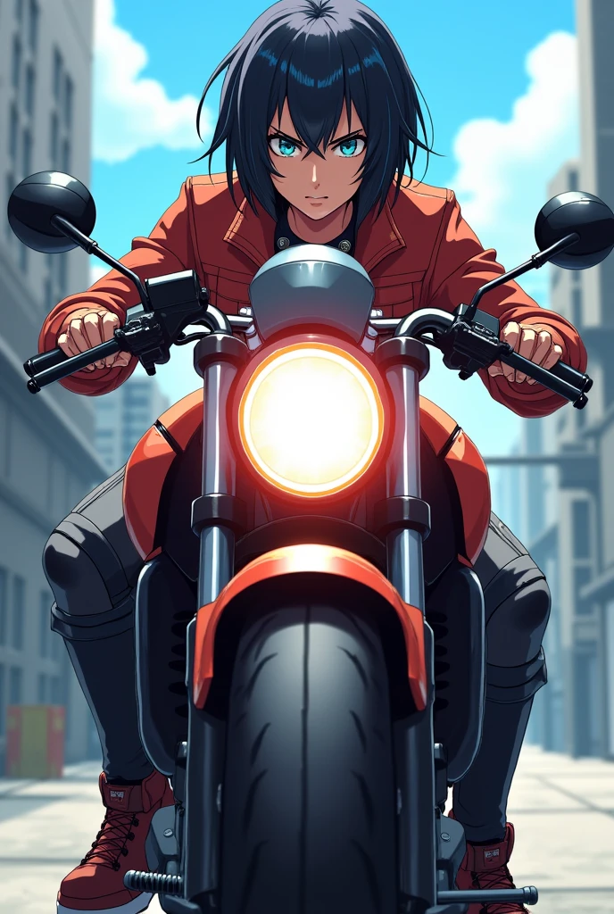 motoko driving a motorcycle in anime style facing the camera, closer look to the face