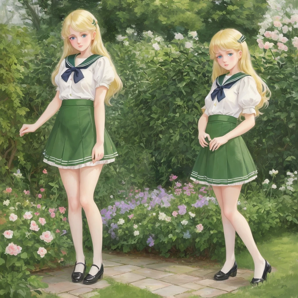 3 girls, long hair, Big , Blushing, blond, Green-eyed sailor suit short skirt 1933 style cute and beautiful girl 18 years old in the garden beautiful long legs high resolution, best quality, masterpiece, Lift skirt mini skirt