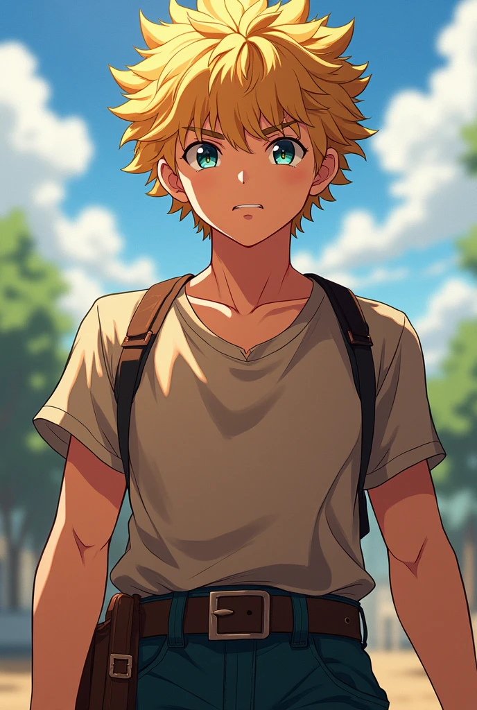 Dark blonde curly hair strong physique 15 year old appearance 1,70 tall. I want this anime style boy from Solo leveling I want him to look more like a 15 year old ???