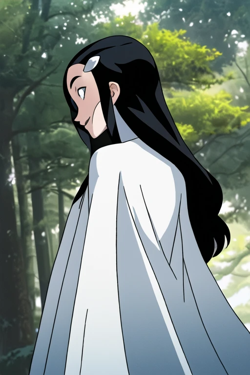 Tinya Wazzo, solo,black hair, long hair. grey eyes, smile, grey lips, white cape, best quality, masterpiece, 1girl, Masterpiece, Best Quality, Detail, forest, From Behind, From Below, cape in front, Zoom Layer, 