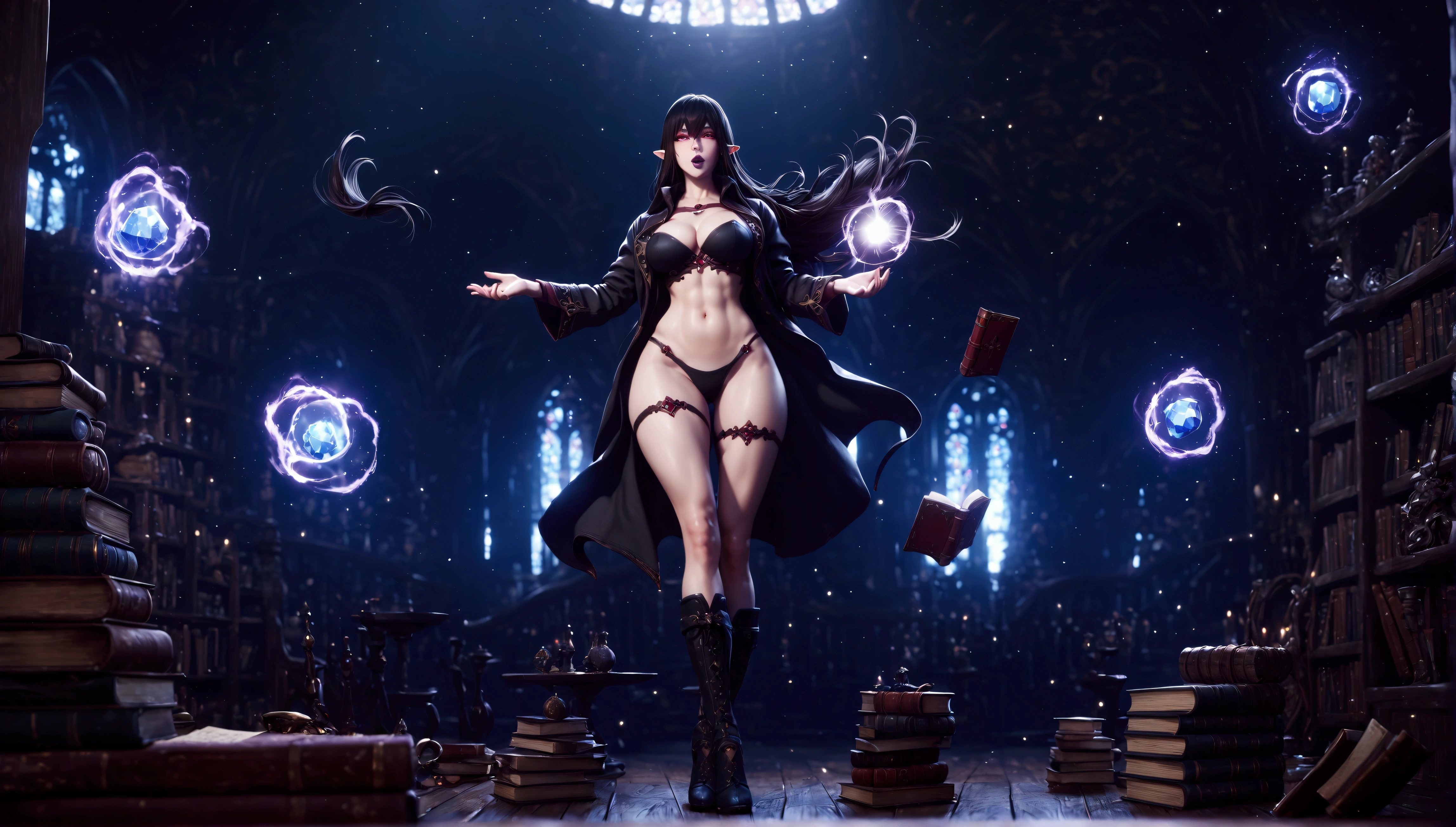 (PersonalAmi art style:0.7), (hero neisan art style:0.7), score_9, score_8_up, score_7_up, score_6_up, score_5_up, score_4_up, uncensored, black hair, red eyes, purple lipstick, hair between eyes, long hair, short pointy ears, pale skin, BREAK (masterpiece:1.2), best quality, high resolution, (detailed eyes:1.3), perfect lighting, (perfect hands, perfect anatomy), 1girl, solo, breasts, looking at viewer, large breasts, huge breasts, thighs, boots, groin, book, thigh gap, gem, floating, wide hips, open book, magic, floating object, bare hips, messy room, paper, spotlight, (fantasy illustration:1.3), depth of field, cropped hoodie, black bikini, long sleeves, floating book, gesugao