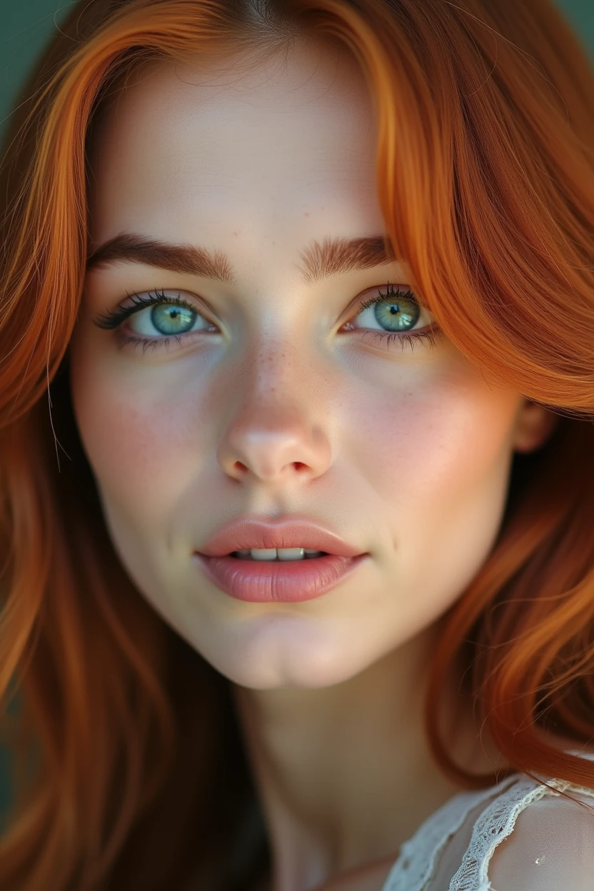 Imagine a woman with a face that exudes a striking and captivating beauty. Her eyes are a vivid, enchanting green, like emeralds glistening in the sunlight, with a depth that draws you in. They are framed by long, dark lashes that accentuate their brilliance. Her skin is porcelain-like, with a soft, flawless complexion that gives her an ethereal, almost delicate appearance.
Her hair is a rich, fiery red, cascading down in soft, loose waves that catch the light and seem to shimmer with every movement. The red tones contrast beautifully with her fair skin and make her green eyes stand out even more. Her eyebrows are perfectly arched, matching the hue of her hair, and add a sense of balance and symmetry to her face.
Her lips are full and naturally rosy, curving into a gentle, inviting smile that radiates warmth and kindness. Her cheekbones are high and well-defined, adding a sense of structure and elegance to her face. The overall effect is one of stunning, timeless beauty, a face that you would remember and admire long after seeing it.r,