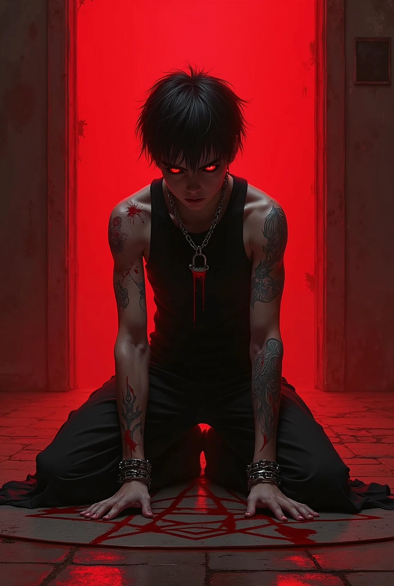 1 boy, meditating, monk, chained to the ground, cuffs, shackles on neck and limbs, red background, red eyes, glowing eyes, anger, defiant pose, looking at viewer, looking down, simple background, ultra-detailed, long sleeveless black bodysuit, muscular, tough, damaged, wounds, kneeling, black and red theme, black and red theme, red hot chains, tattoos, prison, pentagon on ground, satanic, dripping blood, portal to another world, dark aura, ritual