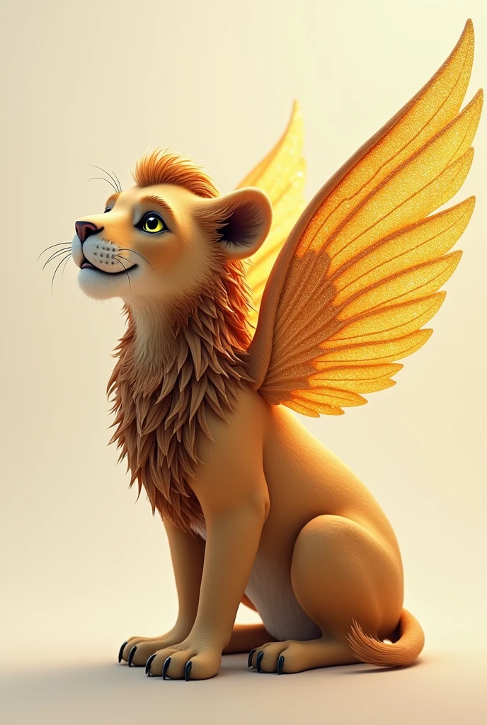 3D drawing of a fairy creature with fur, inspired by a lion and an eagle with large sparkling golden wings.