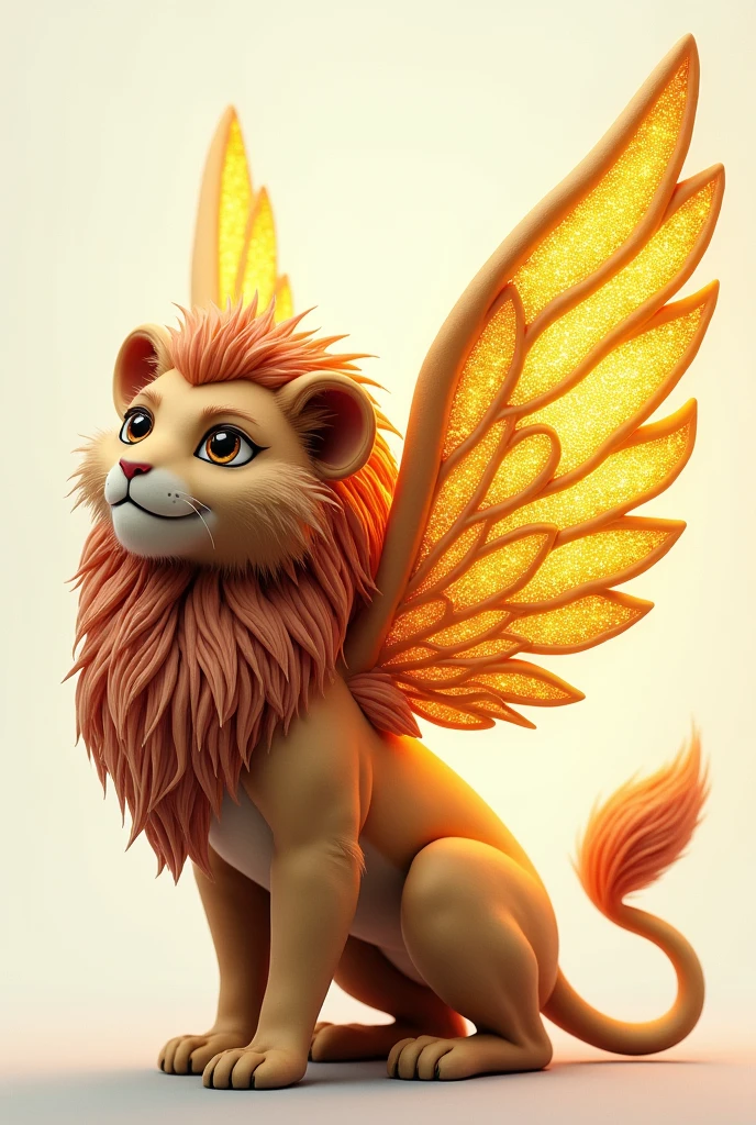 3D drawing of a fairy creature with fur, inspired by a lion and an eagle with large sparkling golden wings.