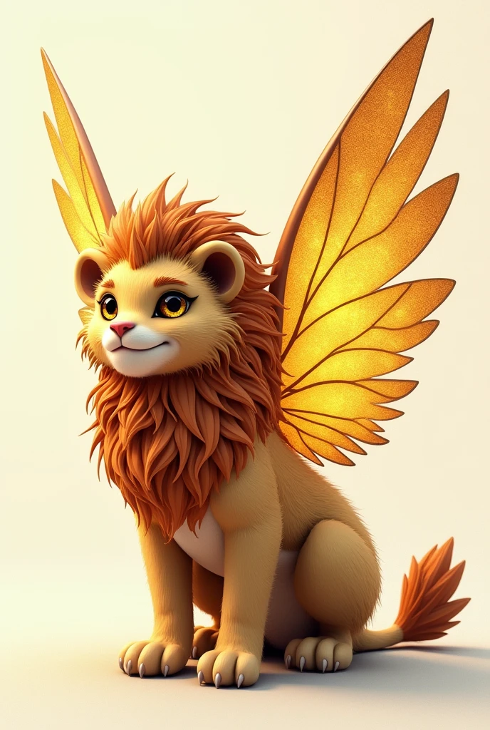 3D drawing of a fairy creature with fur, inspired by a lion and an eagle with large sparkling golden wings.