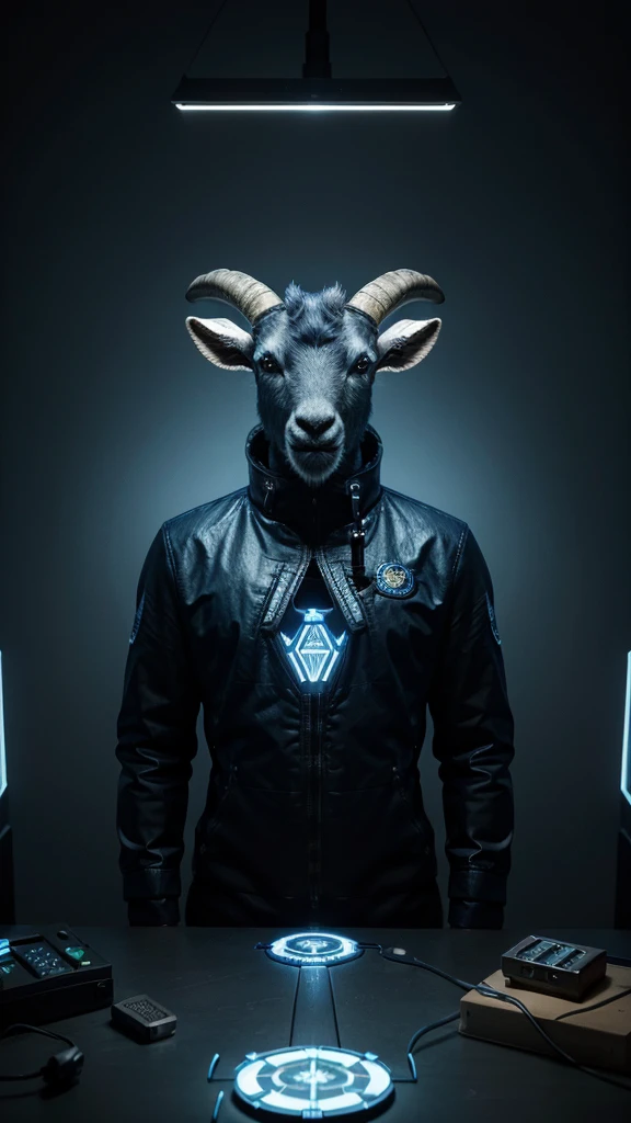 "Create a highly detailed 3D illustration of (BLUE a goat's head) designed as an NFT, with a futuristic and high-tech theme. The BLUE goat head should be blue in color and represent a powerful, authoritative figure, like a CEO. The design should incorporate elements of RAM (computer memory), making the horns and other features of the goat head look like intricate, glowing circuits and chips. The overall style should be sleek, modern, and slightly abstract, with a blend of organic and mechanical textures."
