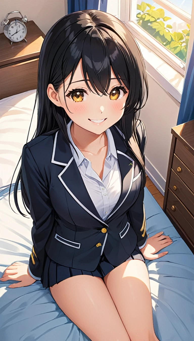 girl,cute,cute,From above,Chest to head,Look at this,smile,Embarrassing,Straight hair,Long Hair,Black Hair,Blazer-type uniform,girl sitting,Bedroom,morning,sunny,Big Picture