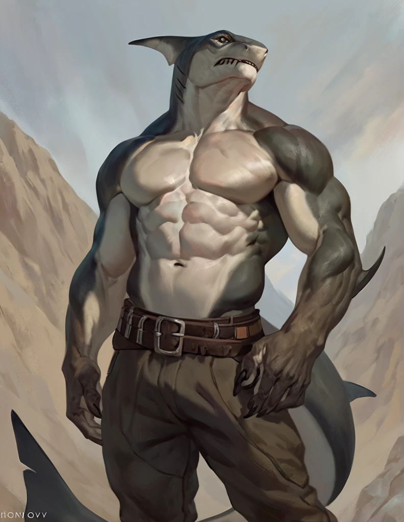Sharkfolk, bull shark, comic book style, illustration, solo, ferocious, male, standing, mercenary, pants, masterpiece, best art, full body, by laobai, by taran fiddler, by honovy, detailed eyes, detailed body, claws, masculine body shape, fantasy, tall, topless, pecs, abs, buff, pants, belts on chest