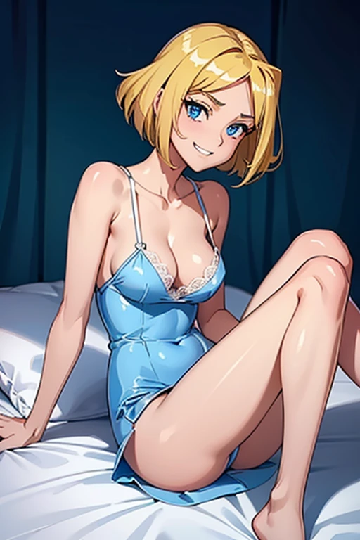 super_shiny, ultra_glossy_silk, young_blonde_clover_from_totally_spies, lying_on_bed, (ultra_silky and ultra_glossy short whiteblue minidress), beautiful body, cleavage, white_lace, ( short_blonde_hair, | straight cut ), silky_bed, silky_sheets, thin_body_and_legs, small_boobs, cleavage, cute_grin, skinny body, realistic_legs, blue_eyes, beautiful, high resolution, 8k