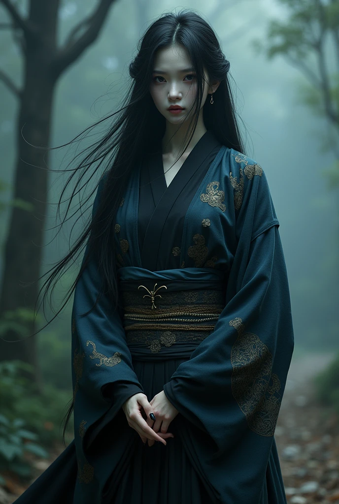 “A realistic depiction of a Japanese-style goddess, exuding both eerie beauty and an unsettling presence. She is an elegant, ethereal figure with pale, flawless skin and long, flowing black hair that seems to blend with the shadows around her. Her kimono is intricately detailed, with dark, muted tones of deep blue and black, adorned with subtle, ominous patterns that suggest a connection to the supernatural. Her eyes are mesmerizing, with a cold, distant gaze that hints at an ancient and mysterious power. The setting is a misty, ancient forest or shrine, where the atmosphere is heavy with a sense of the unknown. soft, dim light filters through the trees, casting eerie shadows that dance around her as if alive. The overall scene is haunting yet beautiful, capturing the essence of a goddess who is both alluring and fearsome, rooted in Japanese tradition but with an unsettling, otherworldly aura.&quot;To make the whole body visible, more realistic, with three eyes