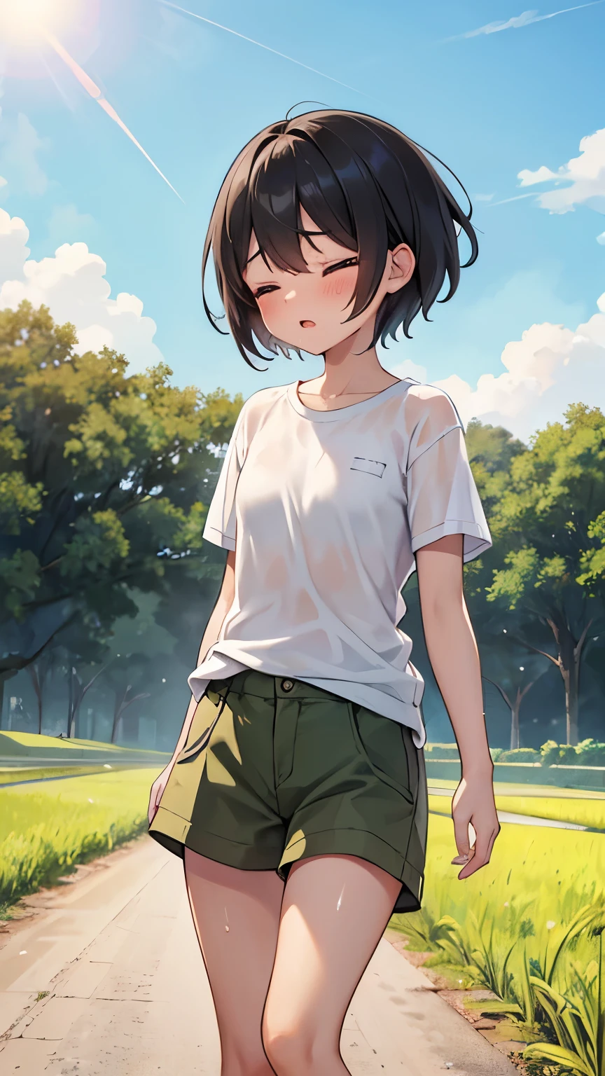 Country road,Paddy field,Looks hot,Troubled face,Are standing,close your eyes,1. small ,short hair,Black Hair,blush,White T-shirt,Olive green shorts,Brown Sandals,White skin,summer,From below,shy,Sweaty,Please open your mouth,Wet,summer,sun,