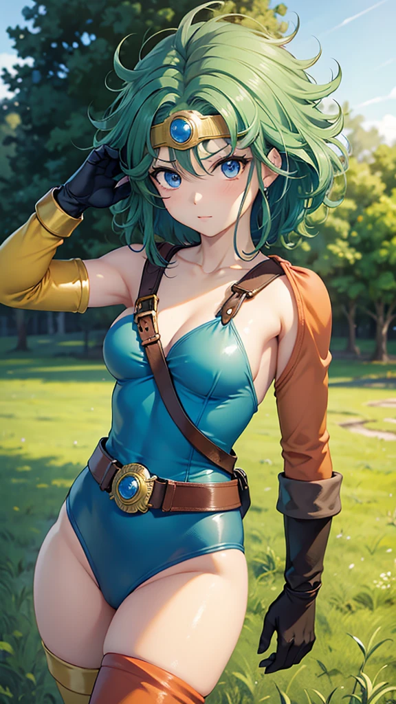 (((SFW、sound、Highest quality、First class work、Normal body、、Detailed face、Ultra-precision、Normal hand、通常のrefer to、5refer to、Highest)))、beautiful girl、yamato nadeshiko、Small 、Shortcuts、Blue leotard、Shoulder Off、Black paleo skirt、Red Cape、Circlet、Bastardshield、Dragon Quest、grassland、Depict every detail、Noise is kept to a minimum、Looking back