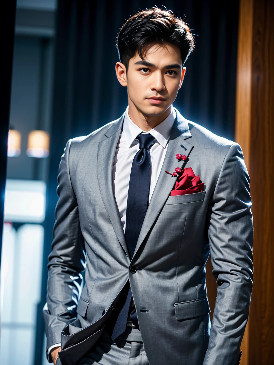 masterpiece, bestquality, High Quality, extremely detailed cg unity 8k wallpaper, Depth of Field, HDR,,photorealistic portrait,Very detailed, 1 man, ASİAN, Short black hair (wearing a gray suit), Pectoral muscles, Big arm muscles, blood vessel, Big muscles, Wide shoulders, looking at the audience, balance eyes, (eye contact)，Perfect hand details
