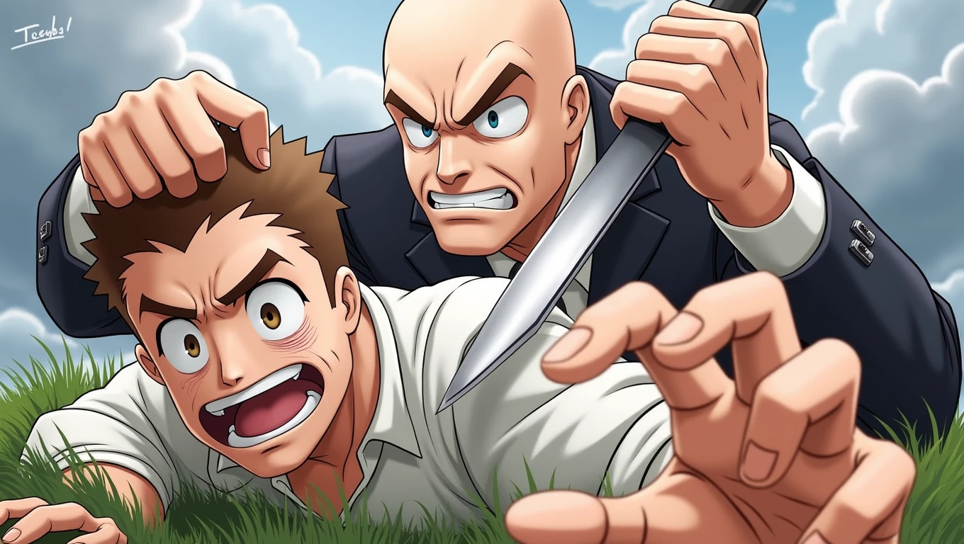Create a dynamic and intense thumbnail featuring two characters in a dramatic scene. One character, a strong-looking bald man in a suit, is holding a knife and angrily pressing down on the other character, who is lying on the ground with a pained but defiant expression. The background shows a cloudy sky and green grass, enhancing the tension in the scene. The overall mood should be intense, with high contrast and vivid colors to grab attention."