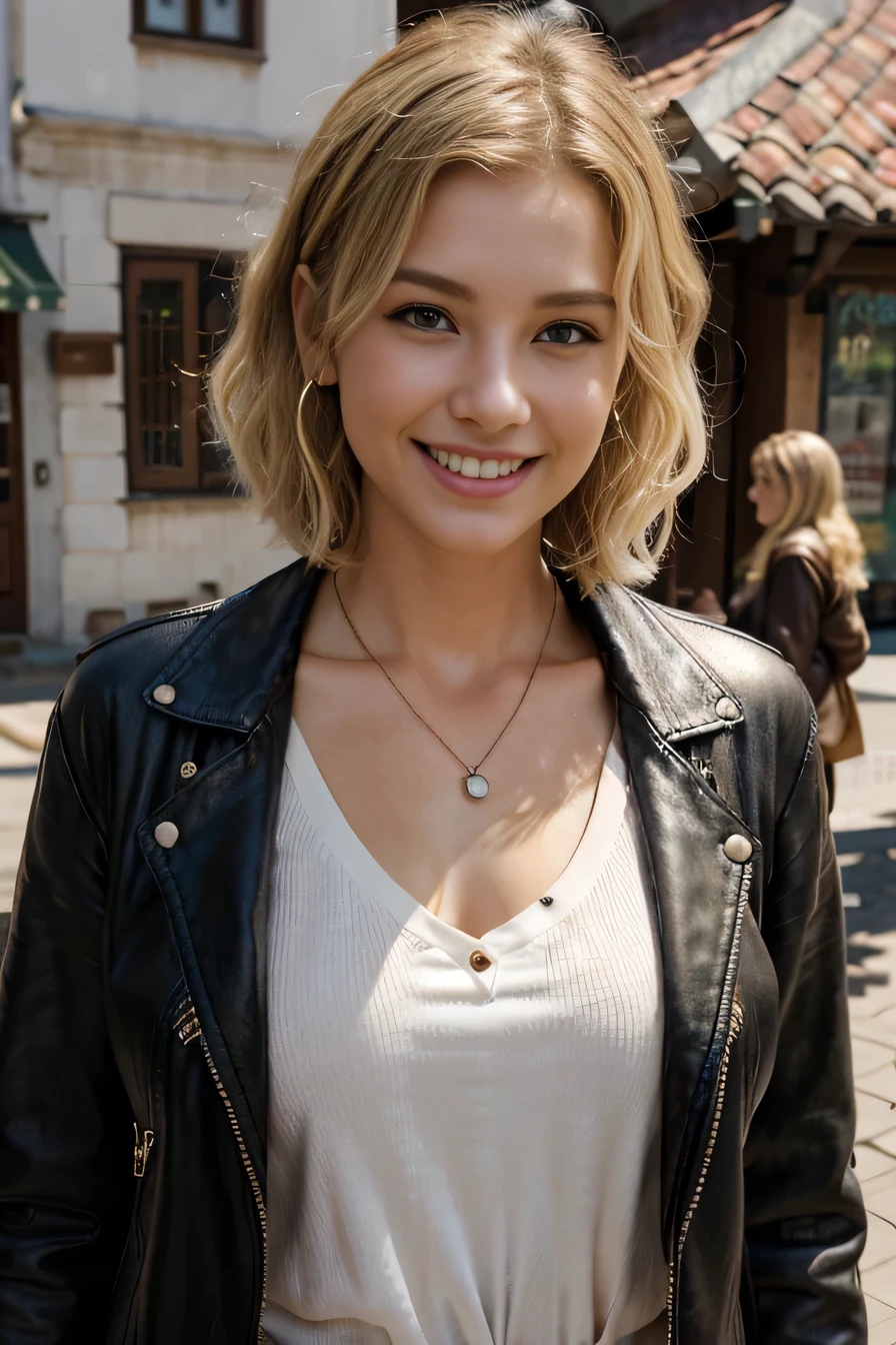 High resolution, 8k wallpaper, Beautiful Caucasian Woman、, leather jacket、shirt、、Necklace around the neck、 Blonde 、Short Haircut、Wavy Hair、、 、ear piercing、smile、Beautiful teeth alignment、The background is the town