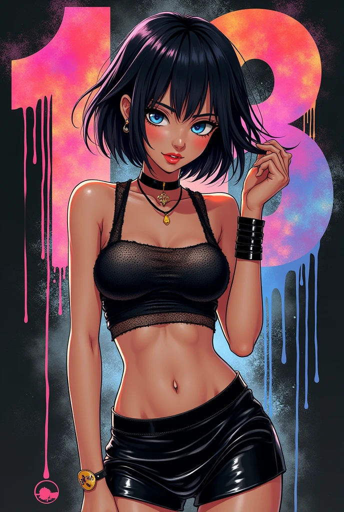 Create an image that shows a character reminiscent of Android 18 from Dragon Ball Z with black sheer mesh tank top and vinyl miniskirt, casual expression, hand fixing her hair. beautiful. The background should be vibrant with splashes of color, giving the impression of dynamic movement. "18" in the background. The style should be modern and bold, using a watercolor-like street art aesthetic with bold contrasts and dripping paint effects. Excessive detail, Black background