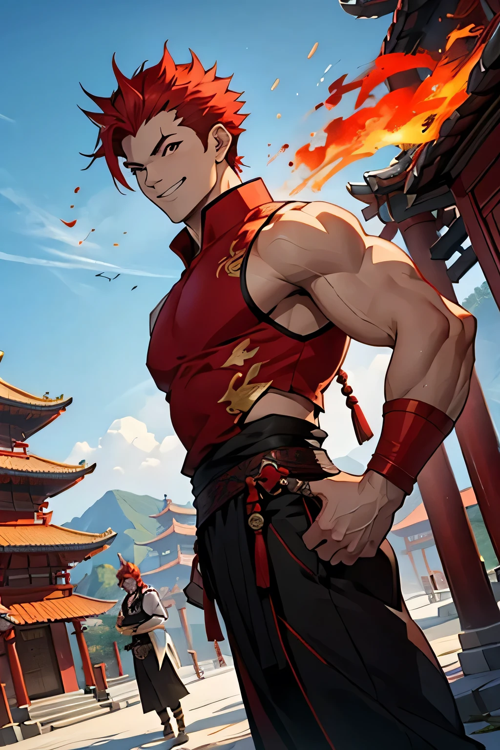 man, spiky red hair, white skin, sleeveless red and black martial costume, Chinese temple 
in the background, fire manipulation, firepower, smile, strong, avatar style, anime, blue sky, young