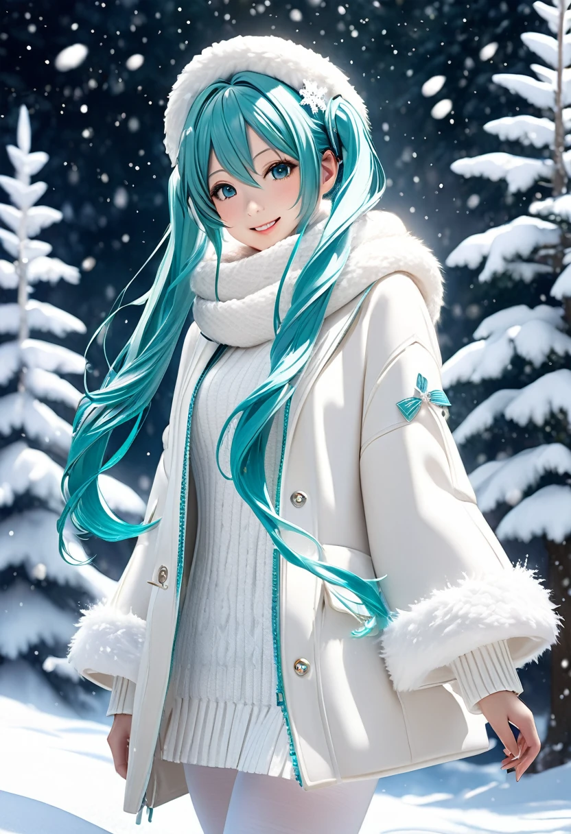 Ultra-high quality fantastical real photographs,A drawing of Hatsune Miku in a fantastical snowy world.Miku is wearing a cute, soft white hat with fluffy white fur Wear a cute outerwear with fur that blends in with the white snowy scenery.She is wearing a white turtleneck sweater and a scarf the same color as her hair.Wearing white tights and cute white boots,The snowy scenery transforms Miku into a stunning beauty, with her breathtakingly beautiful white skin and eyes, her fantastical figure,The falling snow transforms Miku into a snow fairy.Miku is smiling and looking at the camera.Cowboy Shot,Ultra-realistic photography,High quality,Ultra-high-resolution photos, (masterpiece, best quality, 4k, 8k:1.5).Ultra detail,Ultra-fine painting, physically based rendering, dramatic lighting, fantasy effects,Professionally shot, award-winning,Photos taken with the best cameras,