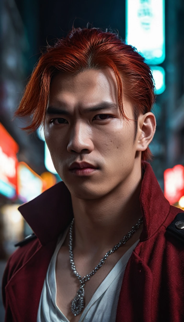 ((Half-body photo)), male vampire, half human, half beast, extremely handsome, (((red hair))), , muscular, tight, wearing a necklace, high ponytail, street scene, gangster style, romance, Hong Kong cinema. Eyes filled with sadness and longing. Cinematic light, high detail, 8k, artstation, artistic concept, any virtual darkness. Photo taken with Canon EOS R5 85mm f/11 camera, ((sharp)) mode. Image quality ((8K)), ((realistic)), ((masterpiece)), ((sharpest and highest contrast)), ((amazing depth of field)), ((stereoscopic light)), detailed pore defect, ((looking straight at the camera)), (((red hair))), ((red jacket))