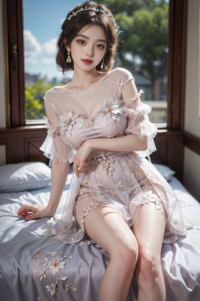 ((of the highest quality, 8K, masutepiece: 1.3, Raw photo)), Sharp Focus: 1.2, (1 AESPA Girl :1.1), (Solo), (Realistic, Photorealistic: 1.37), (Face Focus: 1.1), Cute face, hyperdetailed face, (Small breasts, flat chest: 1.2), Short messy hair, Small Smile, bedroom, (sheer fabric:1.25), (loose:1.3), Floral pattern lace strapless dress, skirt, (puffy eyes), from below, flower, gold