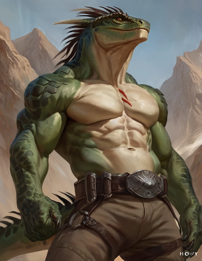 a ferocious male lizardfolk mercenary, muscular detailed body with claws, masculine pose, tall topless with pecs and abs, wearing pants and belts on chest, comic book style illustration, best quality, 4k, ultra-detailed, realistic, by laobai, by taran fiddler, by honovy