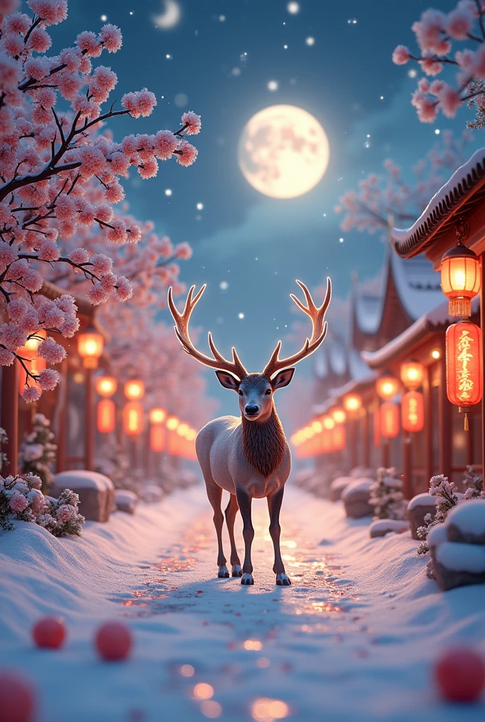 3d rendering of beautiful romantic snow scene,exquisite and beautiful snowflakes condensed into crescent shape,with moon halo,snowflake road with jiangnan water town night sky blooming beautiful firework,snow scene,snow,snowflakes,plum trees,houses hanging lanterns,many heartshaped crystal stones shining on the snow,light golden roses,very clear and beautiful,surreal,light golden color scheme,soft and clear edges,lighting effects,super beautiful,super high definition,super detailed,epic cg rendering,dreamy and beautiful,8k ar 2:3 v 4 1 --v 4 --ar 2:3 A very beautiful elk in the middle.The antlers are amber