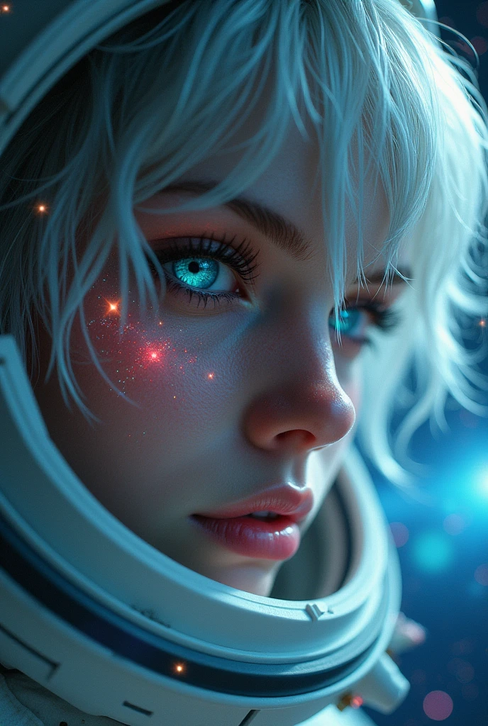 (Close-up of a better masterpiece:1.5)0.9], (Space and astronauts:1.2) (Messy silver hair:1.1) (Heterochromia xanthochromia and blue eyes:1.2) (Space Helmet:1.0) (Colored stars in the eyes:1.0) (A radiant glow:1.1) (thick lips:0.9)
