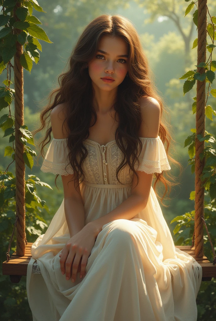 Beautiful girl with wavy long hair big eyes and small nose have 5.2 inches hight, bohemian dress sit on swing
